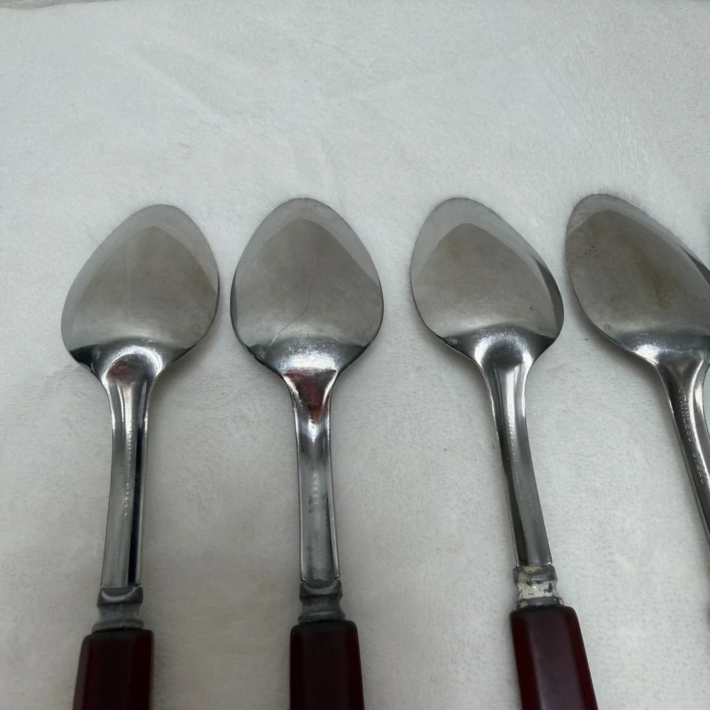 VTG Red Bakelite Handle Stainless Steel Spoons Set of 5 Mid-Century Art Deco